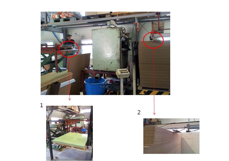 기존의 합판 접착제 도포 및 철판 접착 과정