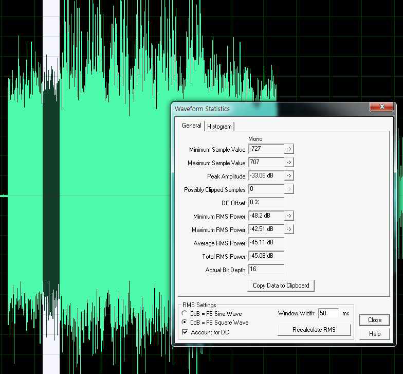 Noise Suppression 처리 전 Average RMS Power