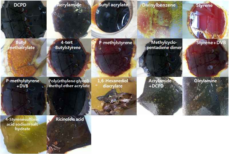 단량체에 따른 개질유황 합성의 육안 검사 결과