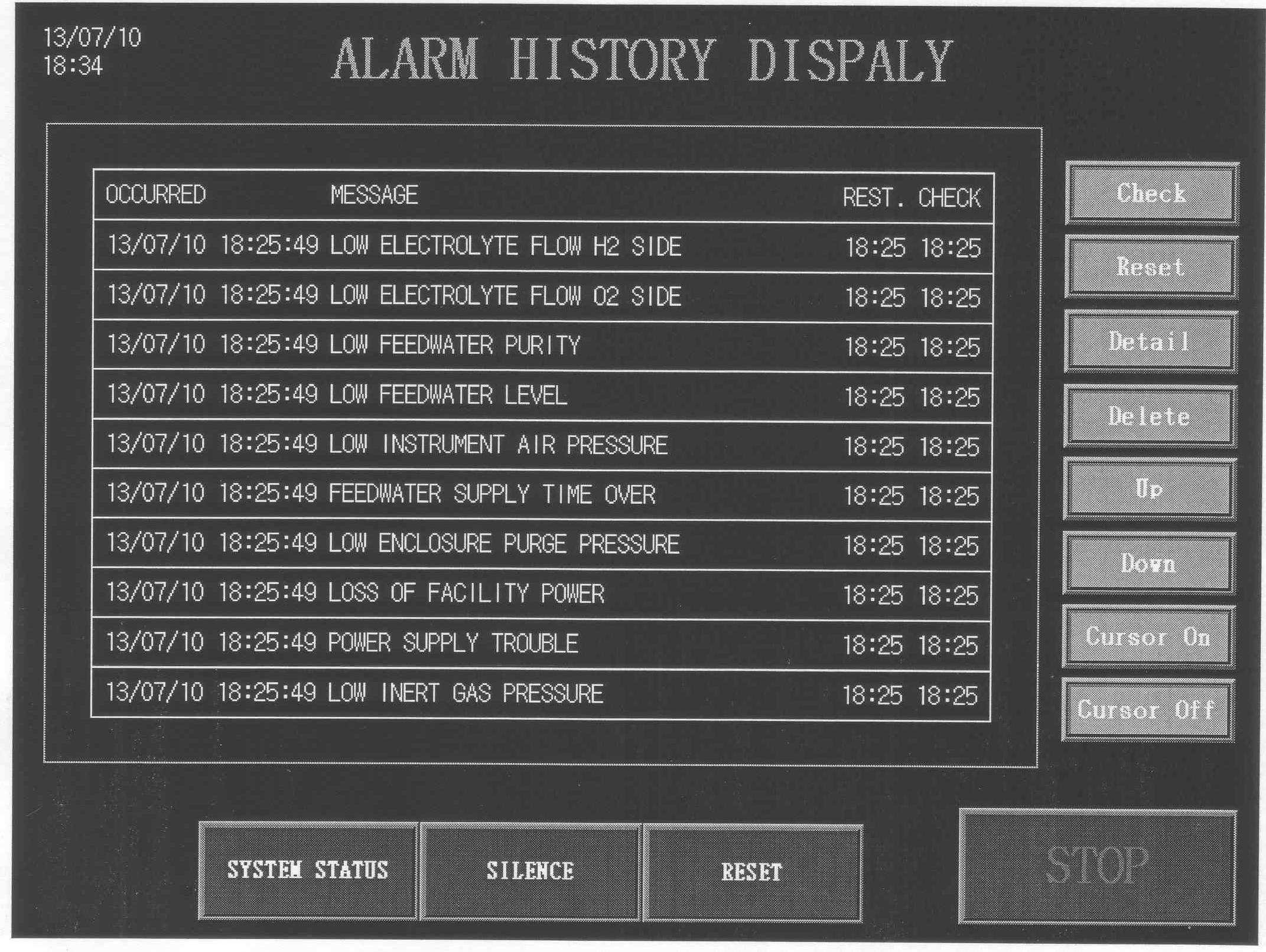 ALARM HISTORY DISPLAY 화면