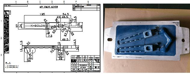 그림 103. 개발 API 핸들 레버 금형(주조) 도면 및 금형