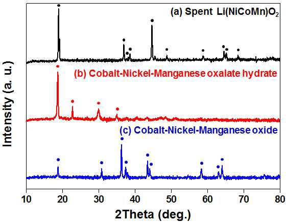 XRD 분석 (a) 폐 NCM, (b) 코발트-니켈-망간 옥살레이트 침전물, (c) 침전물 열처리 후 코발트-니켈-망간 산화물