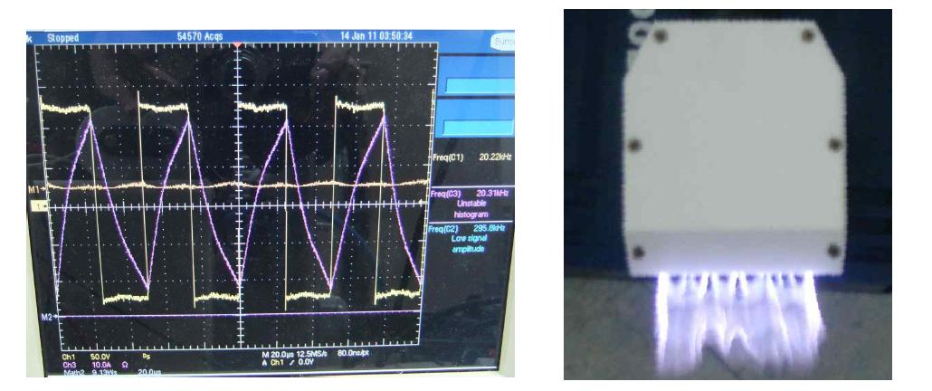 플라즈마 탈취기 방전시 입력신호 및 출력전류 파형과 방전 모습