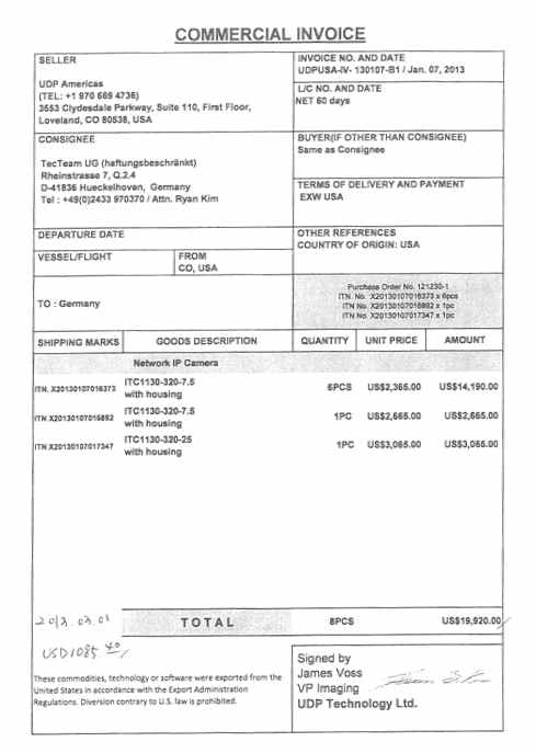 그림 40) TecTeam(독일)의 수출인보이스, US$19,920