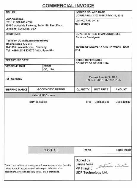 그림 41) TecTeam(독일)의 수출인보이스, US$6,130