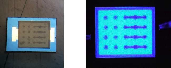 그림. 1x1 mm2 사이즈로 제작된 칩과 발광 사진.