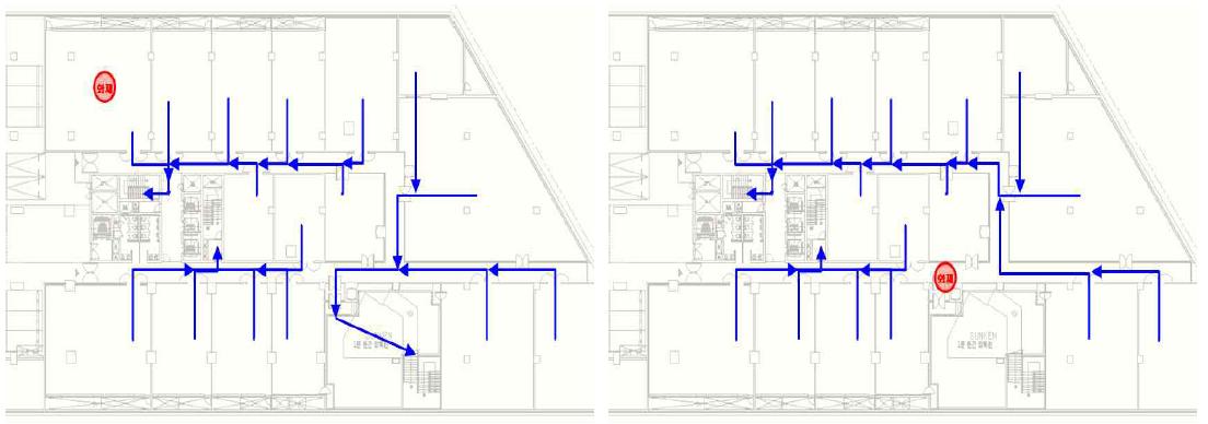 일반 오피스건물에서 화재상황 및 피난경로 구상 예