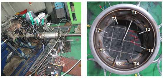 화염분배기 온도분포 측정 시험 사진 및 온도 센서장착 모습
