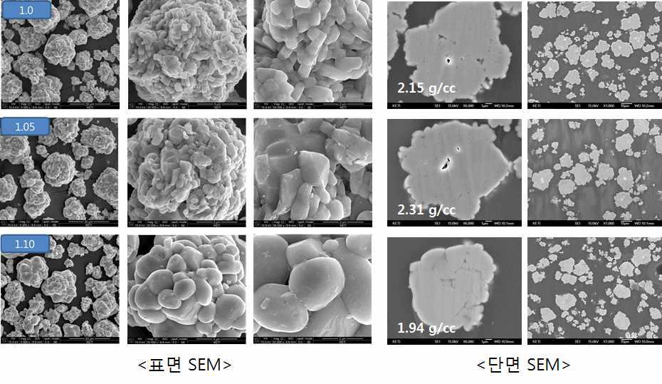 Li/Me 비율에 따른 양극재의 표면, 단면 SEM 이미지