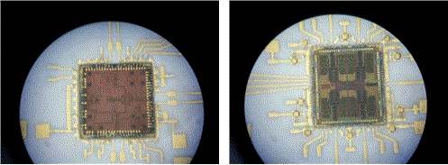 LTCC 기판에 조립된 송신 및 수신 칩의 조립 사진 (a) 송신 칩 (RTN7730), (b) 77GHz 4채널 I/Q 수신 칩