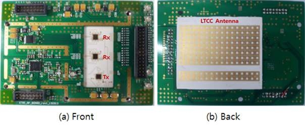 제작된 LTCC 기반 8ch RF 레이더 모듈의 사진