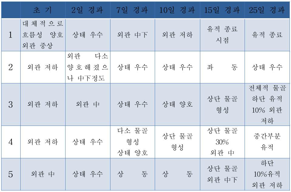 수지별 Anti-Dripping 경시 평가 결과표