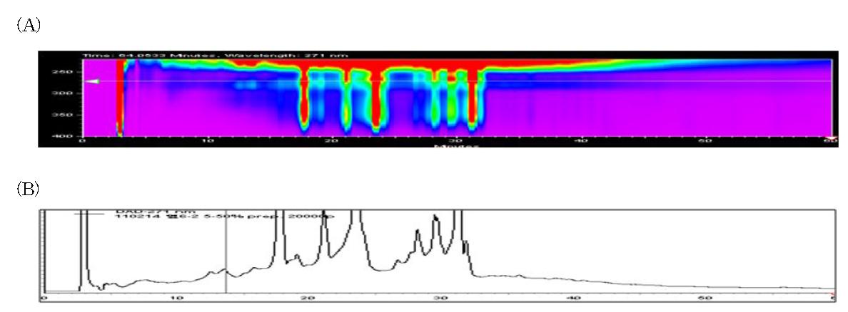 잎 6번 ethylacetate추출물의 preperativeHPLCprofiling의 (A)UV 및 (B)크로마토그램.