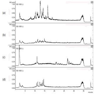 싸리속 식물 잎 부위 메탄올 추출물의 LC-MS크로마토그램.(a)참싸리 종,(b)싸리 종,(c) 조록싸리 종,(d)비수리 종의 대표적인 크로마토그램을 나타냄.
