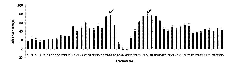 96개 fraction의 tyrosinaseinhibitionactivityassay결과.fraction은 조록싸리 종 샘플의 ethyl acetate추출물을 LH-20레진으로 대량분리하여 얻었음.