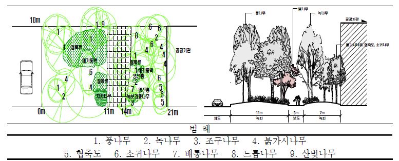 일본 고베시(神戶市) 포트아일랜드(조사구 1) 벚나무, 녹나무 가로수 수관평면도 및 입면도