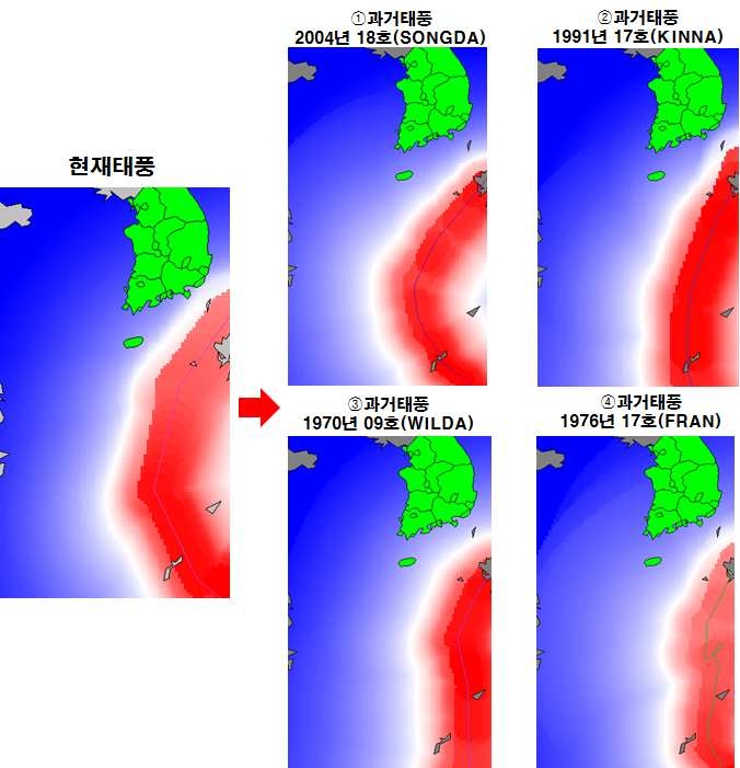 그림 4.31 DANAS 유사태풍분석결과(바람장(40%),이동경로(30%),이동방향(20%), 중심기압(10%))