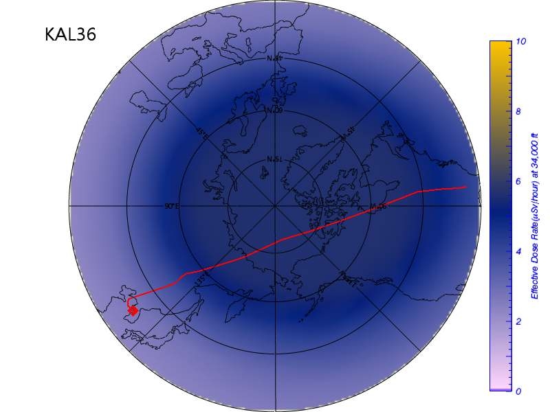 그림 16 KAL36편의 항공 경로 및 방사선량 분포도