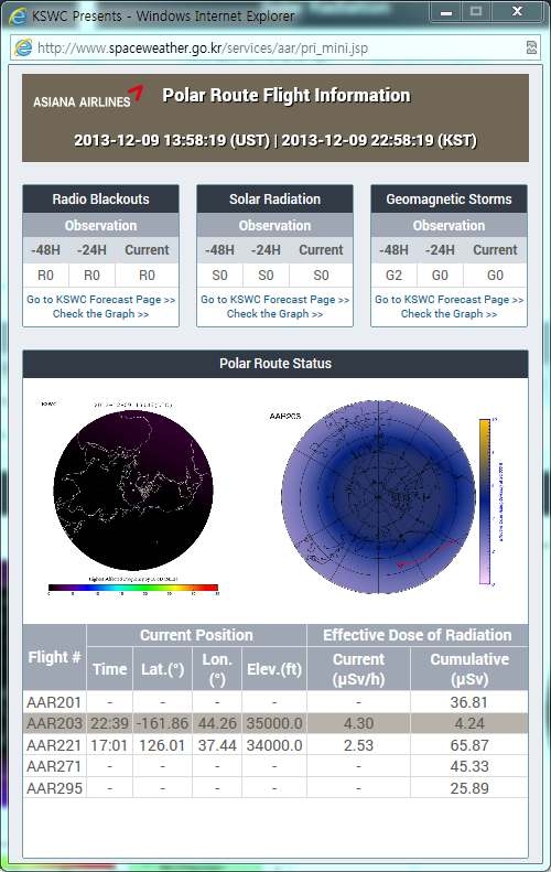 그림 27 항공사 운항 극항로별 모니터링 서비스 표출 화면–소형 (아시아나 항공)