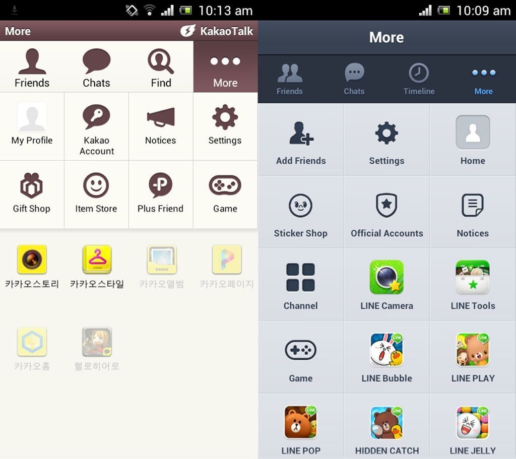 카카오톡(왼쪽)과 라인(오른쪽)의 부가 연동서비스의 예