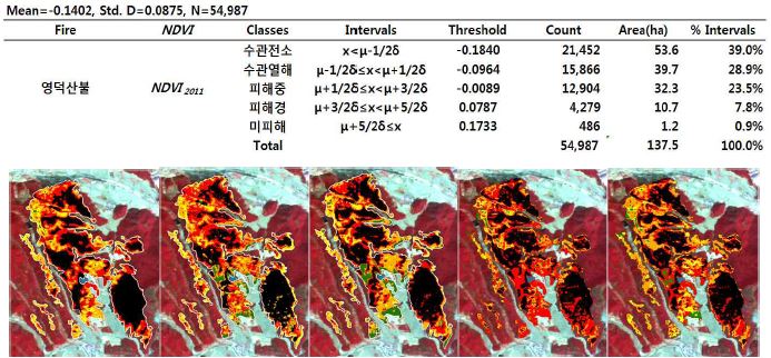 NDVI 등의 분석에 의한 예천산불 피해지 강도변화