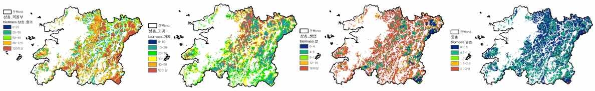 경기지역 층위별 연료량 분포(좌측부터: 상층_줄기, 상층_가지, 상층_생엽, 중층)