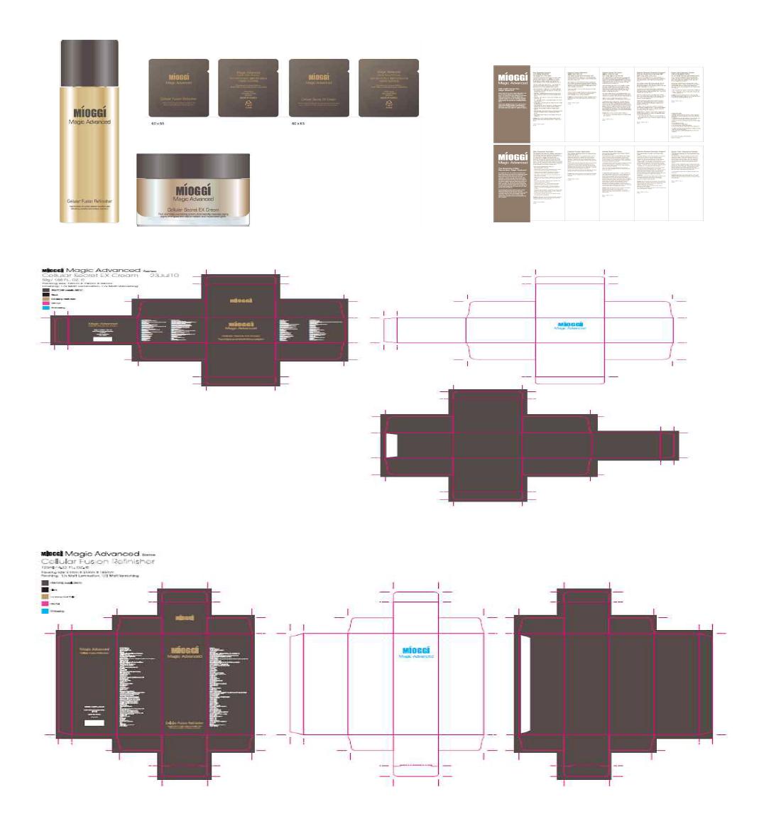 Containers and packaging designs of the MIOGGI Magic Advanced Cellular Secret Ex Cream and MIOGGI Magic Advanced Cellular Fusion Refinisher.