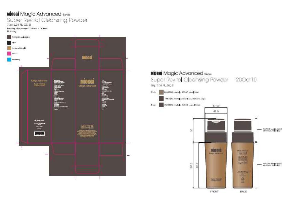 Containers and packaging designs of the MIOGGI Magic Advanced SuperRevital Cleansing Powder.