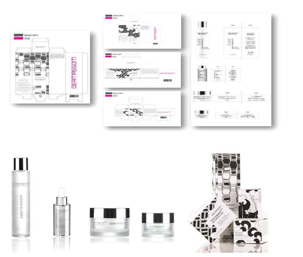 Containers and packaging designs of the DERMASSOM Time Capture SC-1 Rich Intensive Eye Treatment, DERMASSOM Time Capture SC-1 Balancing Softner, DERMASSOM Time Capture SC-1 Face Resurfacing Serum, and DERMASSOM Time Capture SC-1 Age Defying Cream.