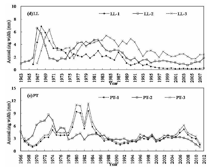 그림 8-2. 일본잎갈나무(LL), 곰솔(PT)의 연륜 너비 변화.