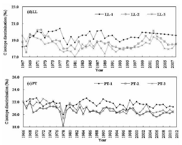 그림 19-2. 일본잎갈나무(LL), 곰솔(PT) 연륜의 탄소동위원소분할지수 변화.