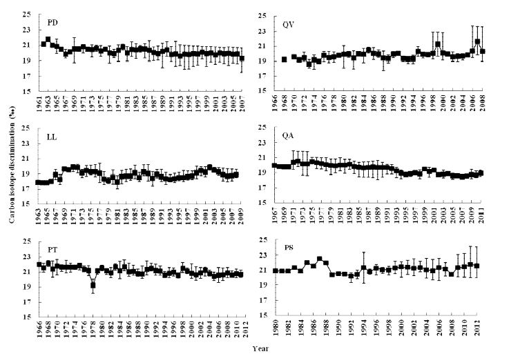 그림 32. 소나무(PD), 굴참나무(QV), 일본잎갈나무(LL), 붉가시나무(QA), 곰솔(PT), 산벚나무(PS) 연륜의 연평균 탄소동위원소분할지수 변화
