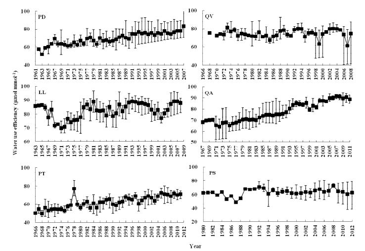 그림 33. 소나무(PD), 굴참나무(QV), 일본잎갈나무(LL), 붉가시나무(QA), 곰솔(PT), 산벚나무(PS) 연륜의 연평균 수분이용효율 변화