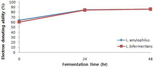 Changes of electron donating ability during fermontation by Lactobacillus amylophilus and bifermeritans in Chestunt inner shell at 37℃