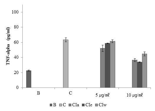 Effect of CI extracts on PMA/A23187-induced TNF-α expression levels.