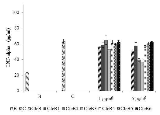 Effect of CIeB fractions on PMA /A23187-induced TNF-α expression levels.