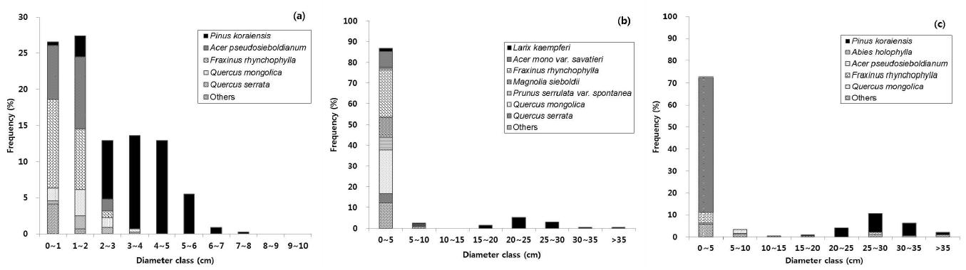 잣나무 조림지의 주요 종의 직경급 분포 (a: 유령림, b: 중령림, c: 성숙림).