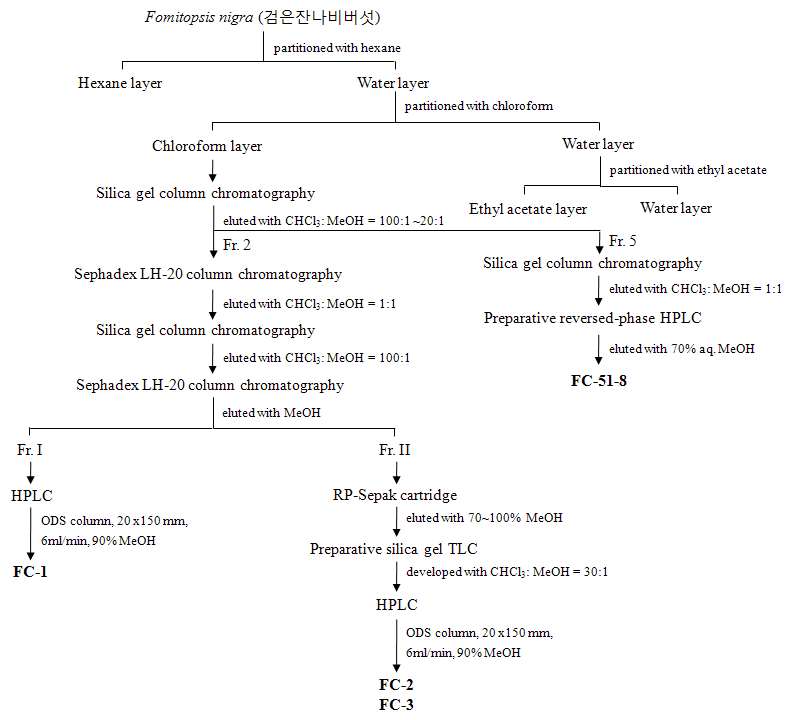 그림 19. 검은잔나비버섯(Datronia scutellata) 활성물질의 분리 및 정제 과정.