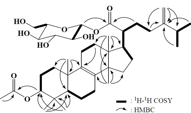 그림 50. 1차원 및 2차원 NMR 실험에 의하여 규명된 화합물 FC-51-8(=fomitoside K)의 화학구조.