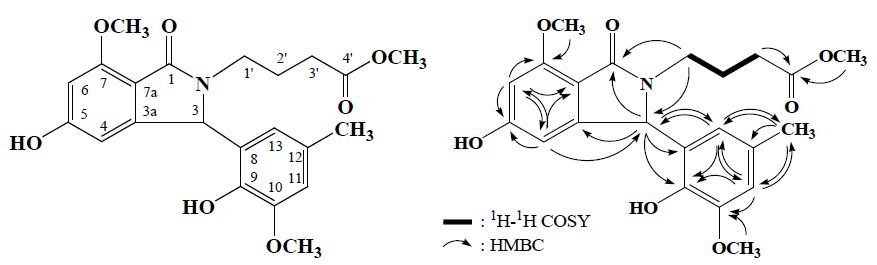 그림 59. 1차원 및 2차원 NMR 실험에 의하여 규명된 화합물 DCE-1(= daldinan A)의 화학구조.