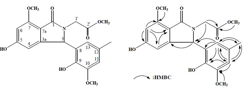 그림 76. 1차원 및 2차원 NMR 실험에 의하여 규명된 화합물 DCE-4(= methyldaldinan B)의화학구조.