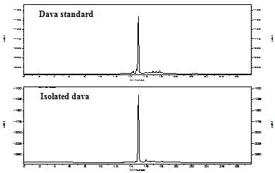 그림 88. 표준시료와 기와층버섯으로부터 분리한 davallialactone의 HPLC profile.