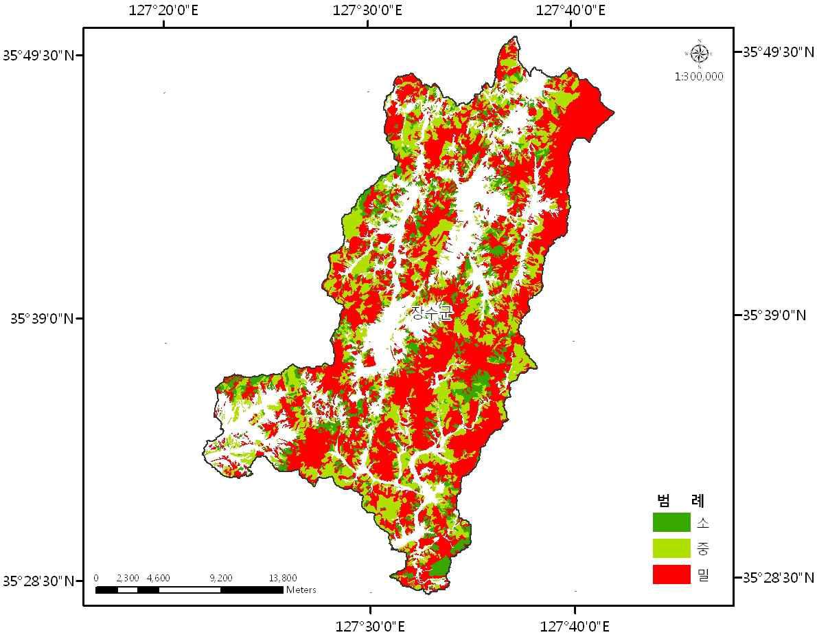 The crown density analysis map of the forests of Jangsu-gun