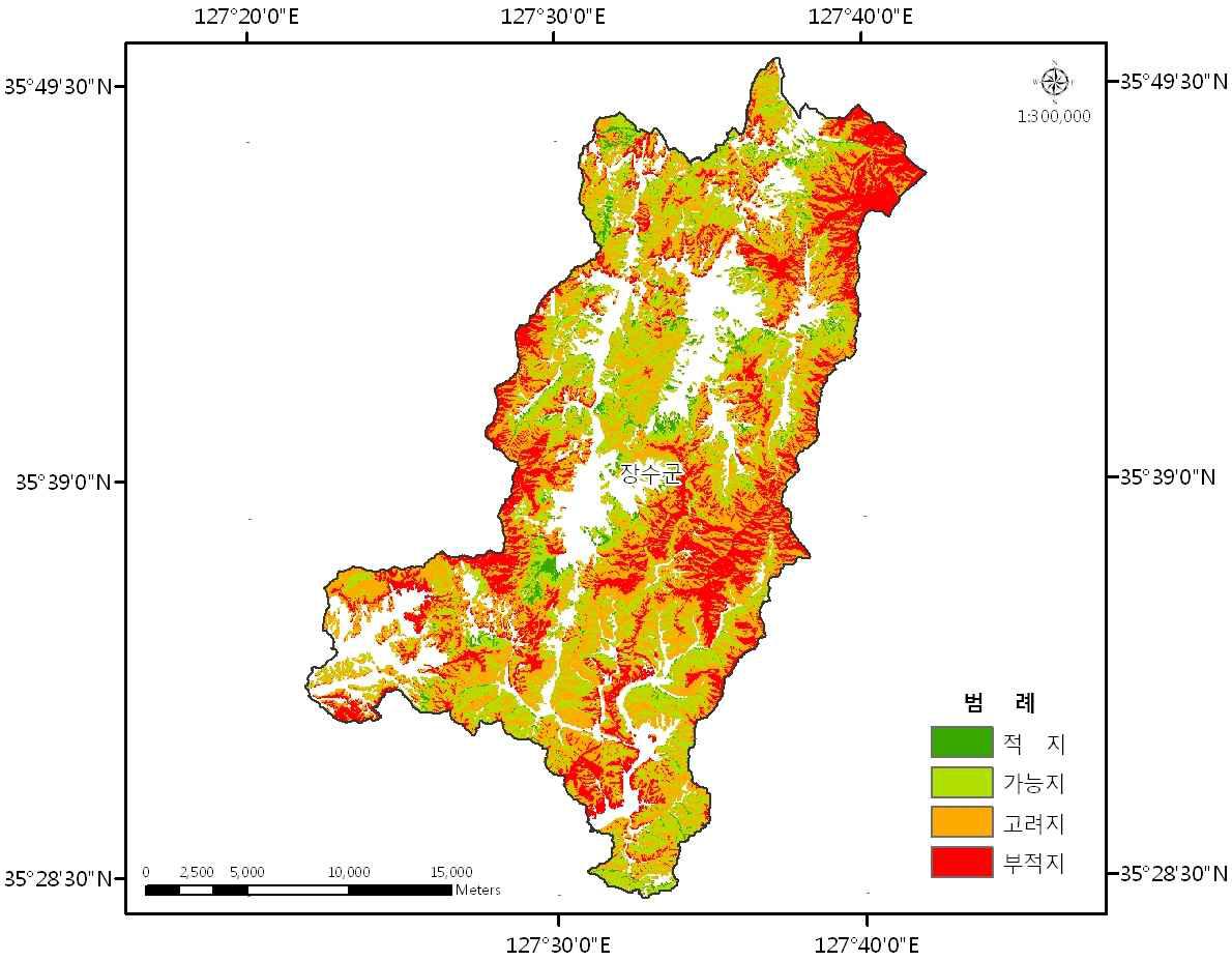 the suitable area for cultivation analysis map of the Schisandra of the forests of Jangsu-gun