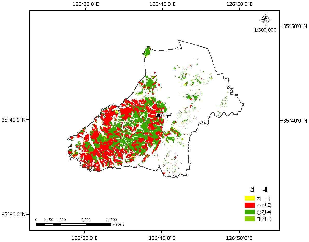 The diameter class analysis map of the forest in Buan-gun