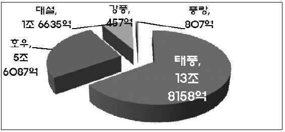 최근 10년(2002∼2011년) 원인별 자연재해 피해 현황(재해연보, 2012)