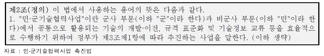 「민․군기술협력사업 촉진법」 상의 민․군기술협력사업의 정의