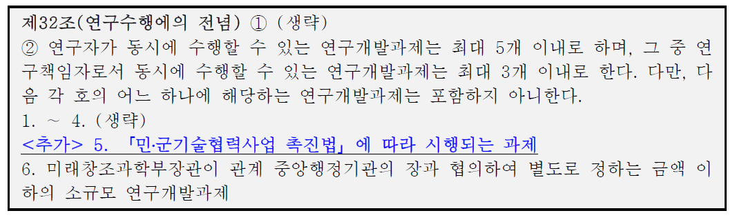 「국가연구개발사업의 관리 등에 관한 규정」 상 민․군기술협력사업의 3책5공 제한 면제를 위한 추가 조항(안)