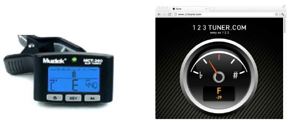 (a). 휴대용 기타 튜너, (b). 온라인 튜너 홈페이지 (http://www.123tuner.com/)