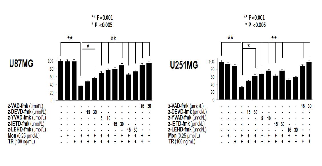 각종 caspase inhibitor에 의한 monensin과 TRAIL 병합처리에 의해 유도되는 세포사멸에 미치는 효과